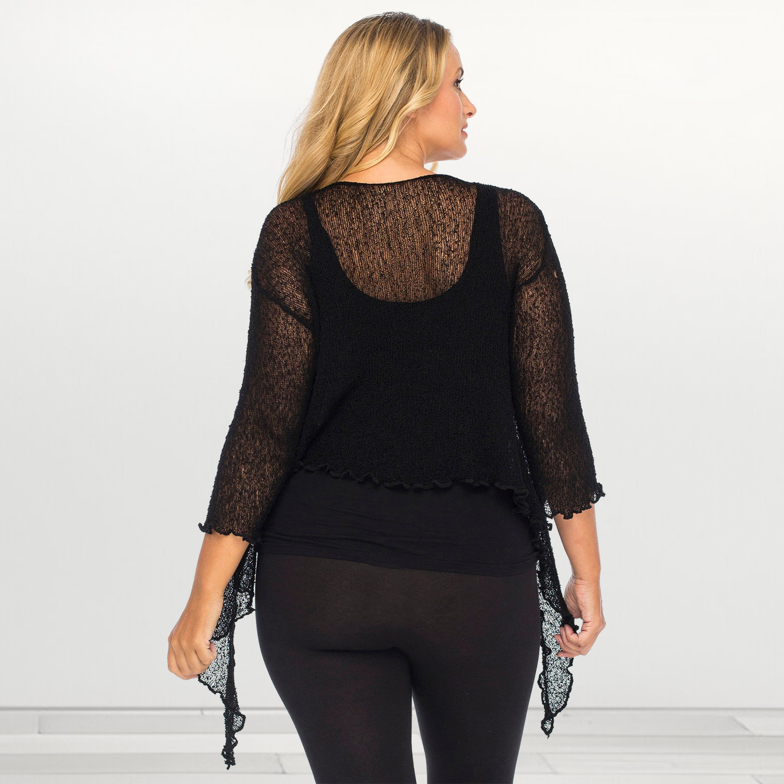 Second image of Women’s Fishnet Tie-Up Shrug – 3/4 Sleeve Knitted Bolero