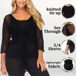 Women’s Fishnet Tie-Up Shrug – 3/4 Sleeve Knitted Bolero