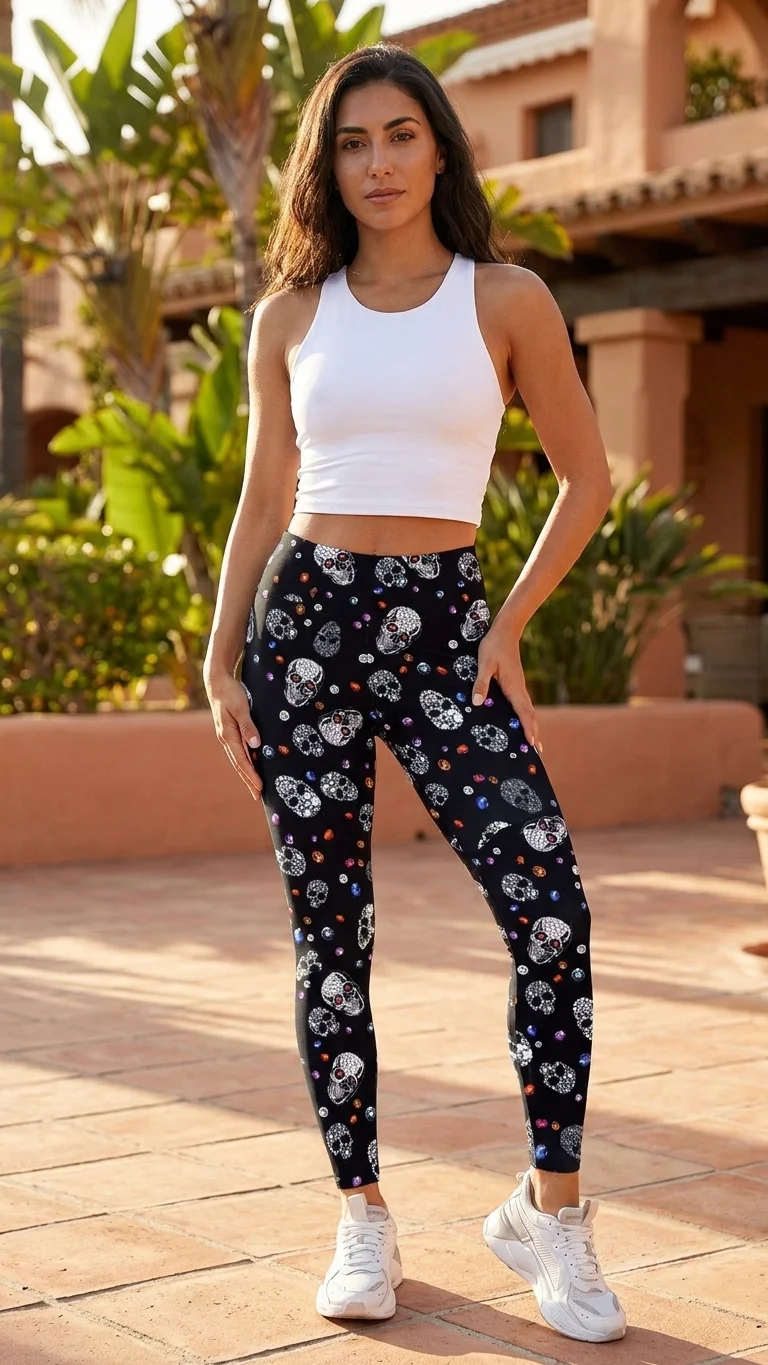 Women's Bejeweled Skull and Diamonds Print Leggings