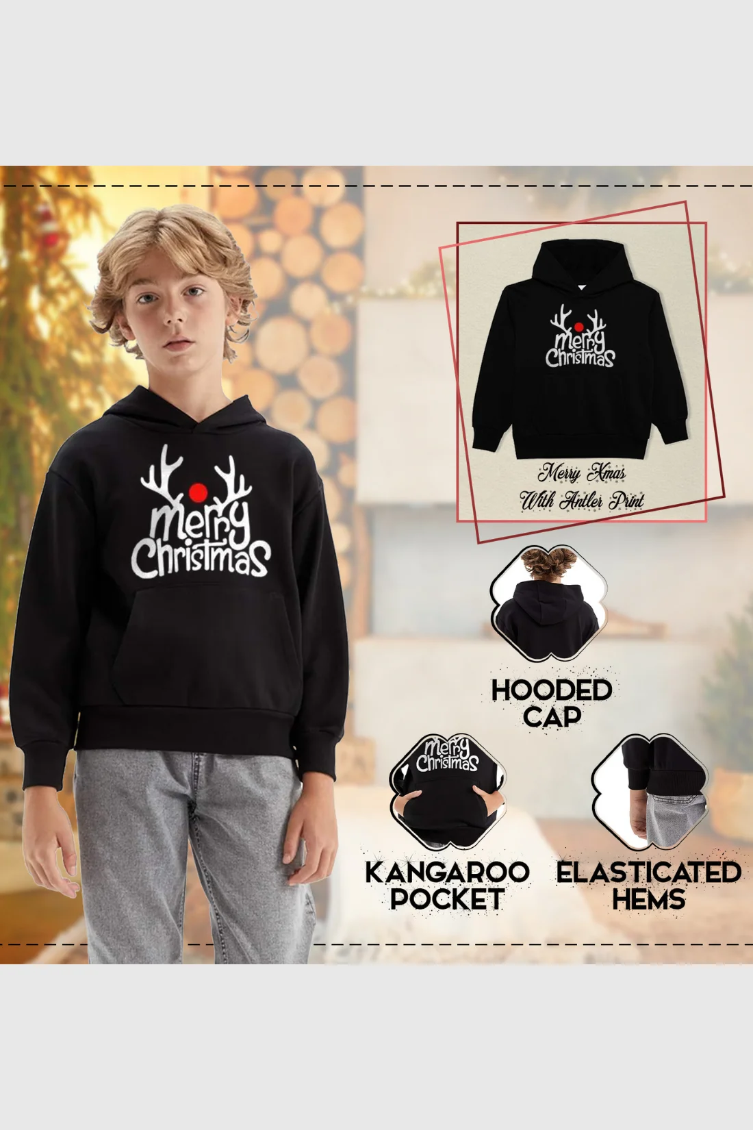Kids Merry Xmas Antler Hoodie