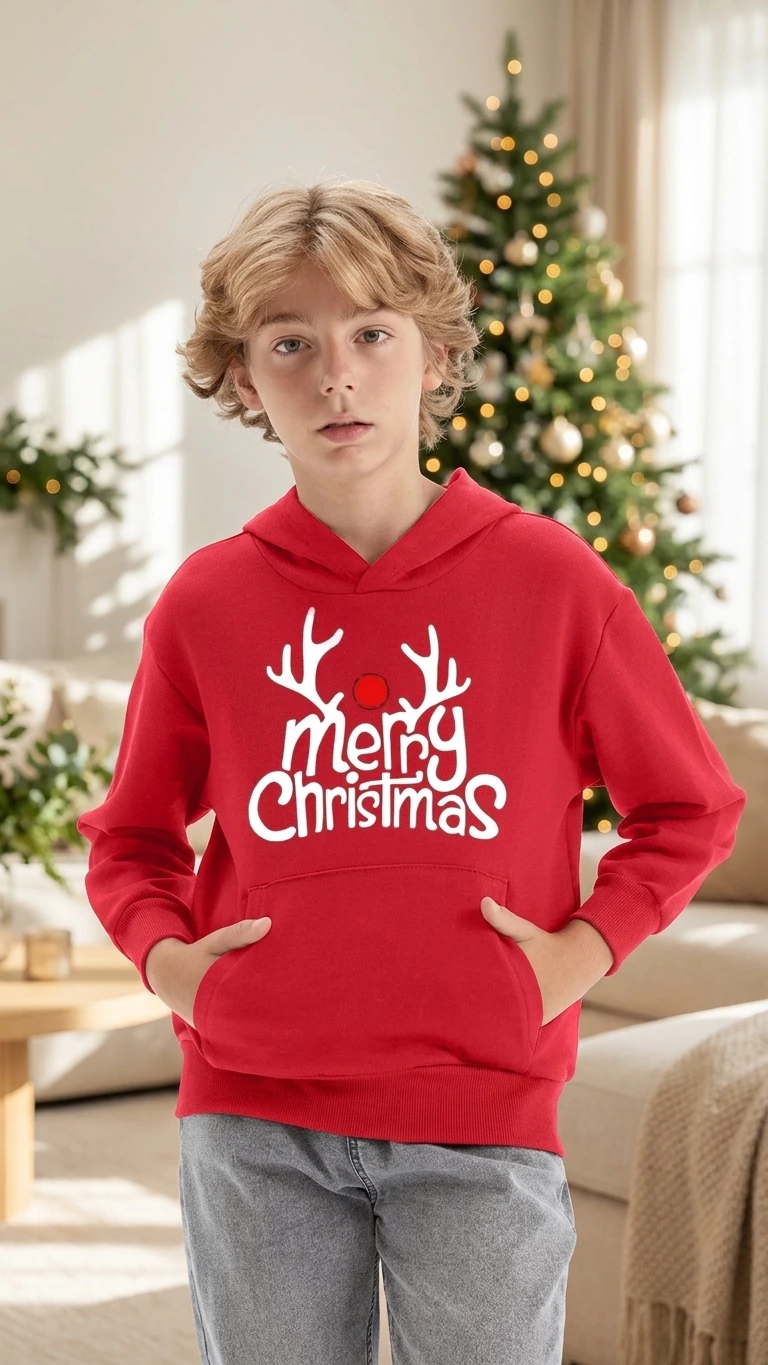 Kids Merry Xmas Antler Hoodie