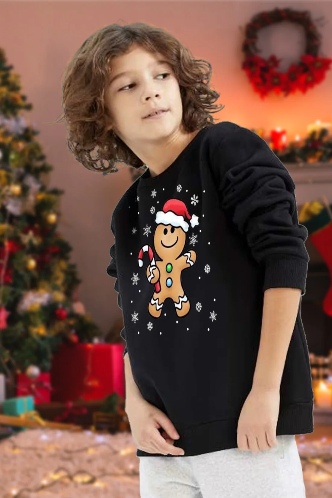 Kids Ginger Hat Christmas Sweatshirt – Xmas Print Jumper – Black - Image 2