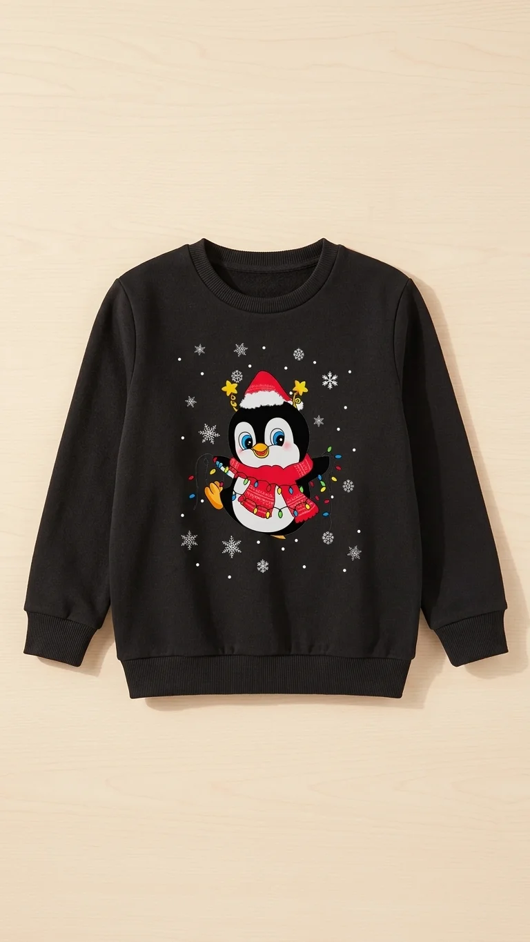 Kids penguin Christmas print sweatshirt with lights, black