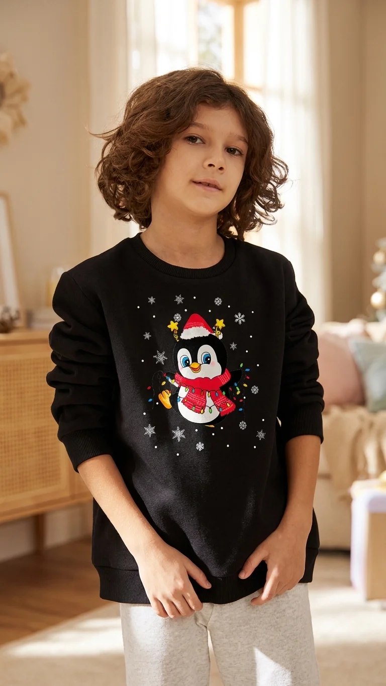 Kids penguin Christmas print sweatshirt with lights, black